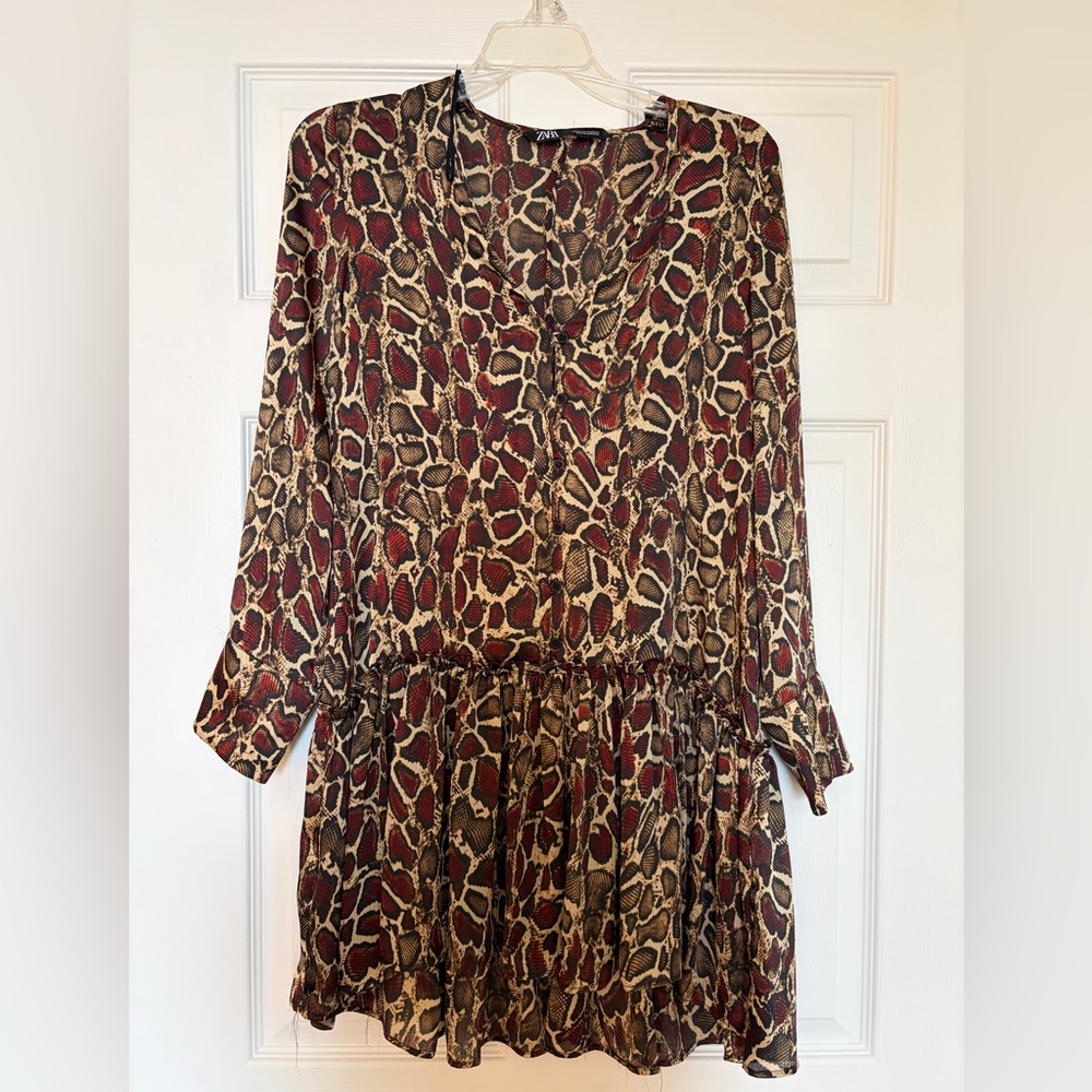 Zara Leopard-Style Red and Brown Printed Long-Sleeve Shirt  Dress